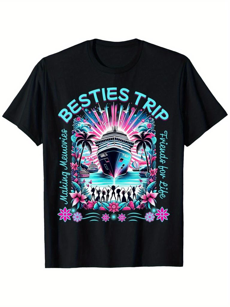 Fun Matching BFF Girls Trip & Besties Cruise T-Shirt - 100% Unisex Adult Group Vacation Tee with Neo