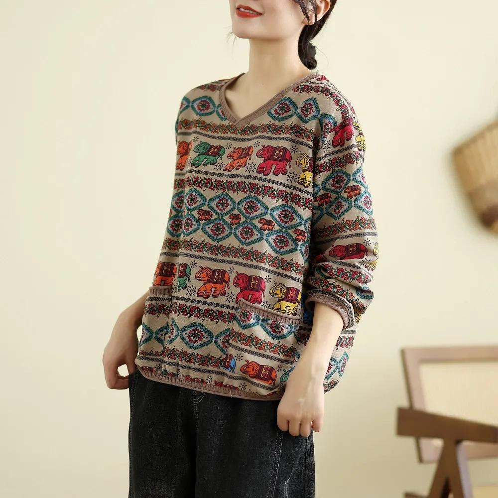 WomenSwing Осень Винтаж Стиль Лоскутное Цветочный Принт Вязание Пуловеры Повседневный Свободный Круглый Вырез Мягкий Модный Свитер Для Женщин