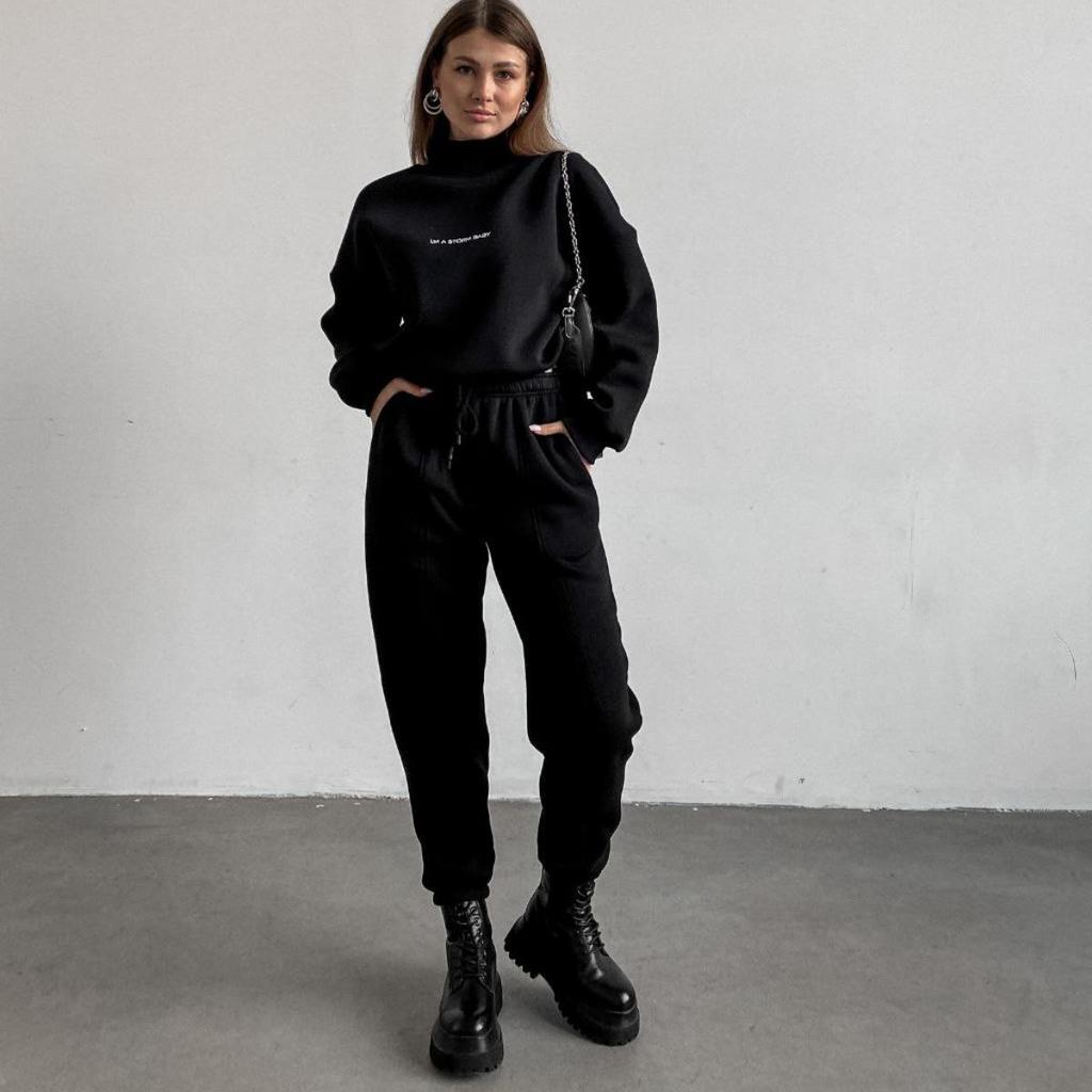 Women Solid Color Long Sleeve High Neck Hoodies Suit Autumn Winter Loose Top Wide Leg Pants