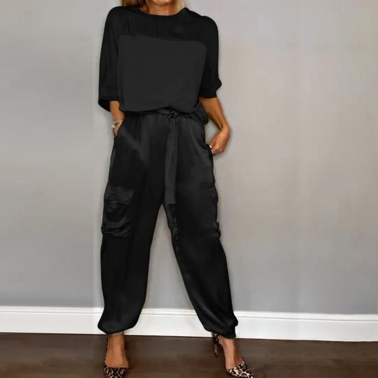 2 шт./компл., комплект женских топов, атласные рукава три четверти, круглый вырез, шнуровка на талии, сплошной цвет, мягкие дышащие повседневные карманы, свободная блузка, комплект брюк