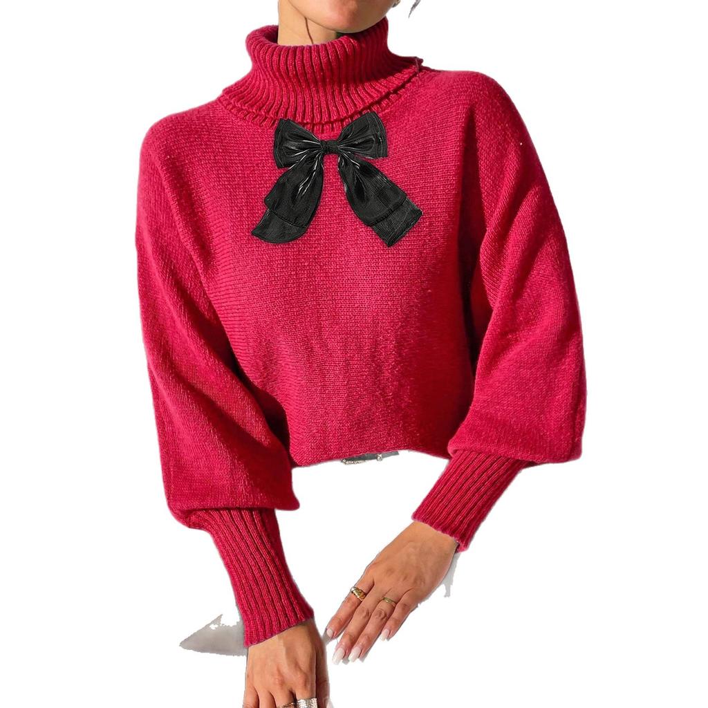 Women's Base Layer, Autumn and Winter Bat-sleeved Top, Lace Bow Patchwork High-neck Pullover Sweater