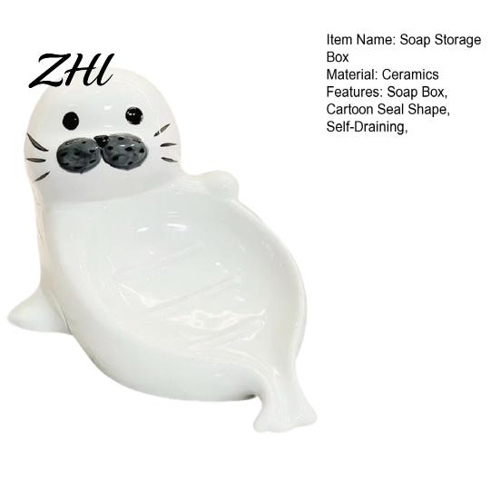 Ceramic Soap Stand Cute Seal Dish, with Self-Draining Design, Sponge Bathroom Storage Box Organizer Tray, for Countertop And Kitchen Sink Durable