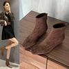 Мода 2025 Темперамент Внутреннее Увеличение Роста Женские Ботильоны на Блочном Каблуке из Замши Новые Ботинки с Задней Молнией и Открытой Пяткой