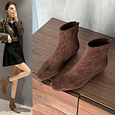 Мода 2025 Темперамент Внутреннее Увеличение Роста Женские Ботильоны на Блочном Каблуке из Замши Новые Ботинки с Задней Молнией и Открытой Пяткой