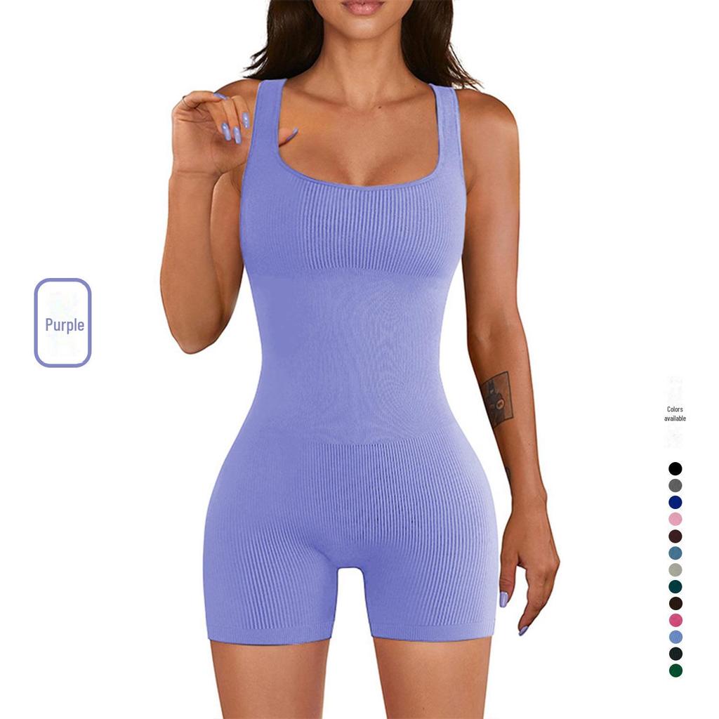 Женский комбинезон для йоги в рубчик 2023 года — короткий рукав и облегающий крой для летнего фитнеса