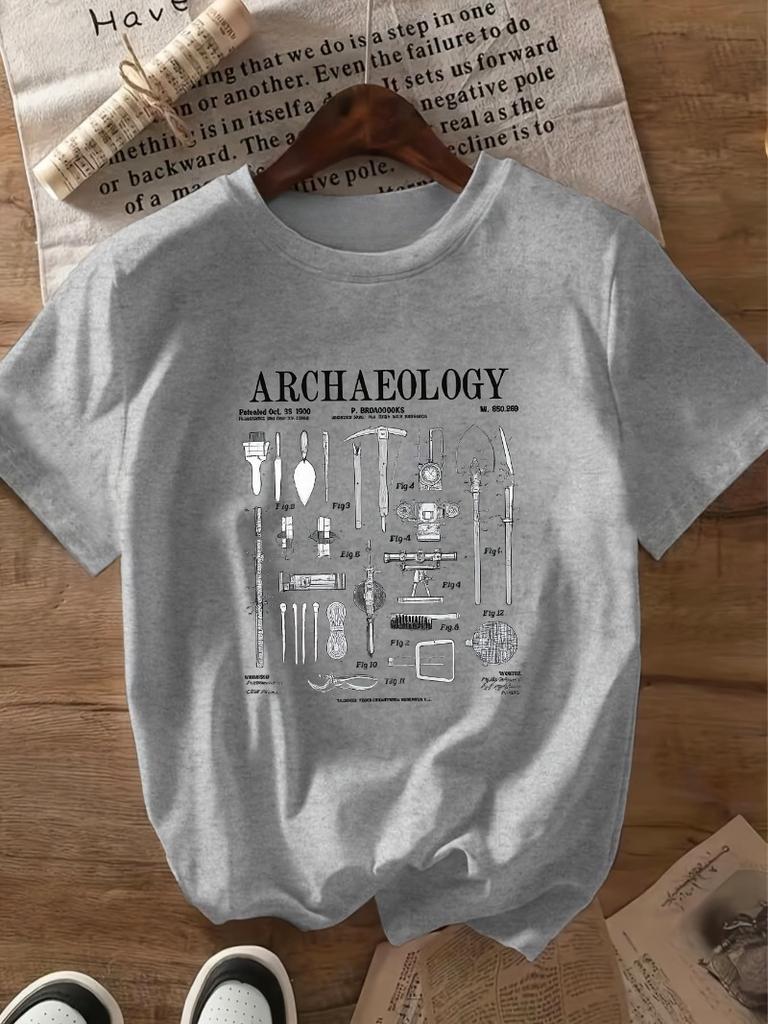 Unisexs shortsleeved crew neck Tshirt with an archaeological tool design perfect for casual summer wear stylish print design