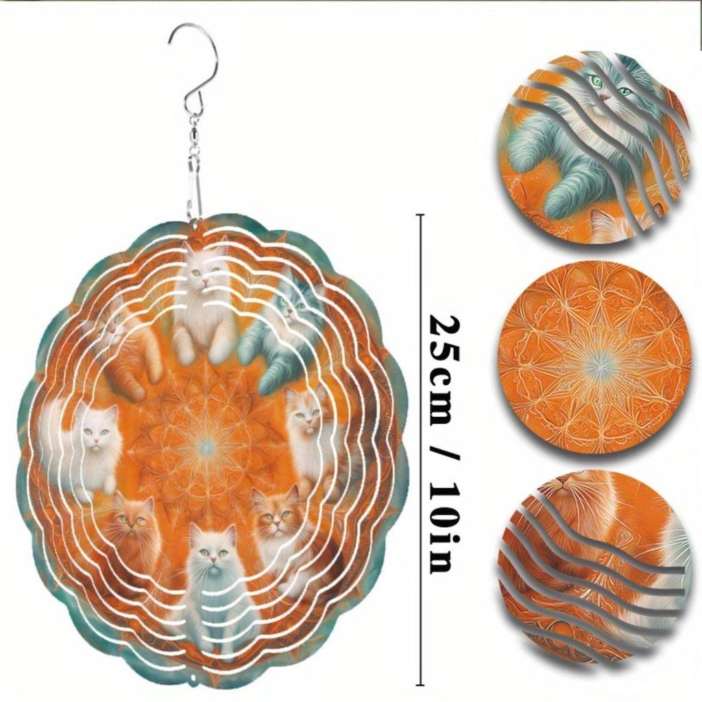 25.4cm Rotating Cat Wind Chime Artistic Metal Garden Decor with Orange and White Cats Perfect Gift for Cat Lovers Year Round Outdoor Hanging Ornament