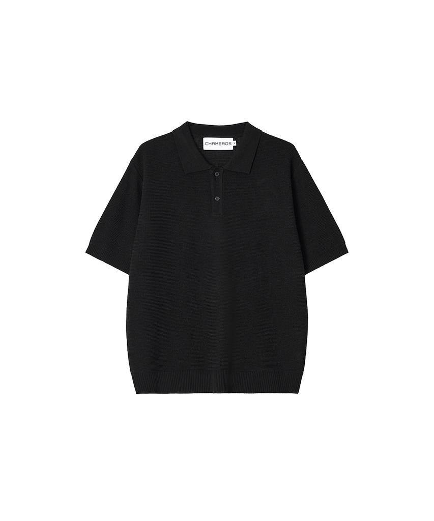 CHAMBROS Oversized Collared Short Sleeve Knit [Solid Black]