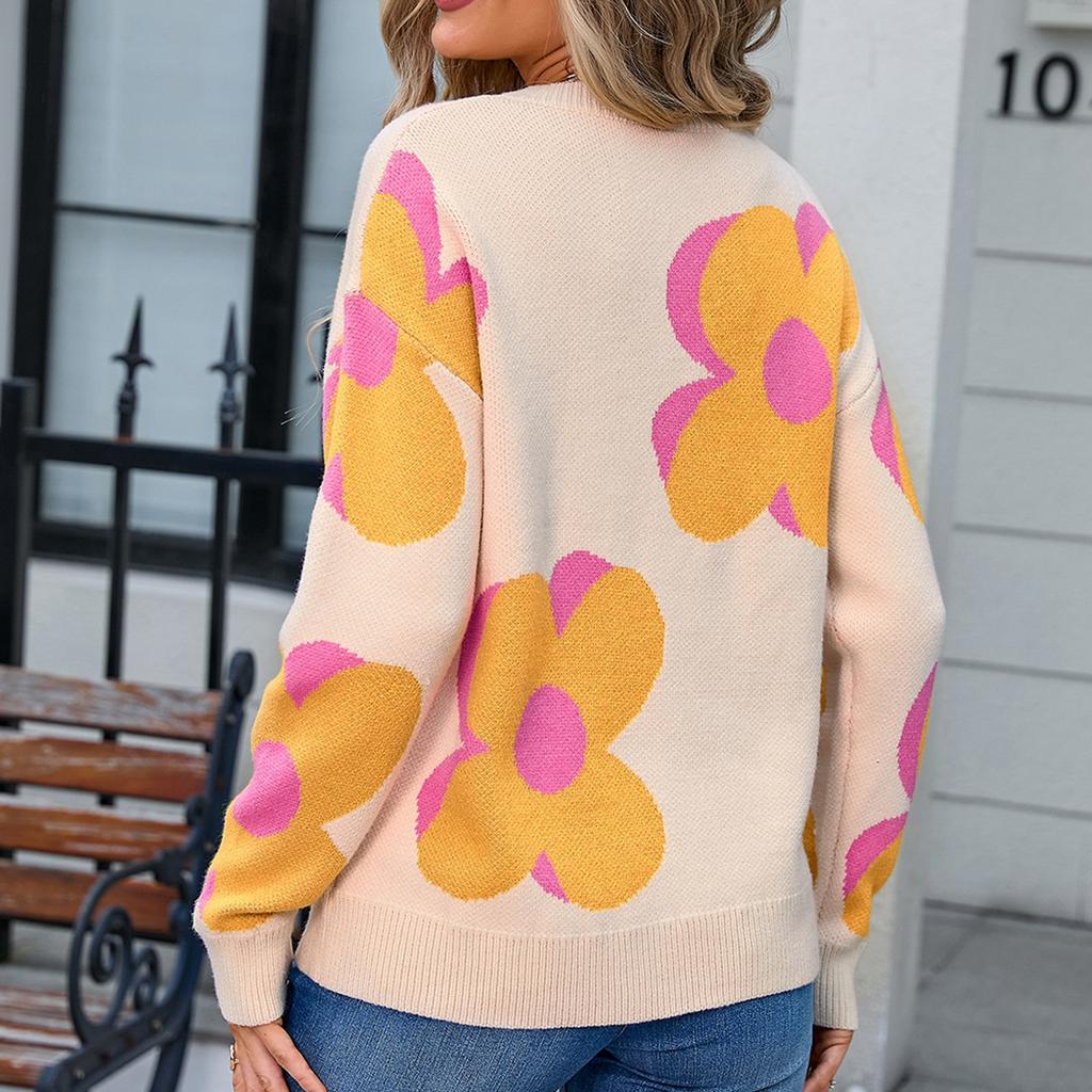 Женский повседневный модный удобный пуловер с круглым вырезом контрастного цвета с цветочным принтом и длинным рукавом уличный тренд вязаный свитер