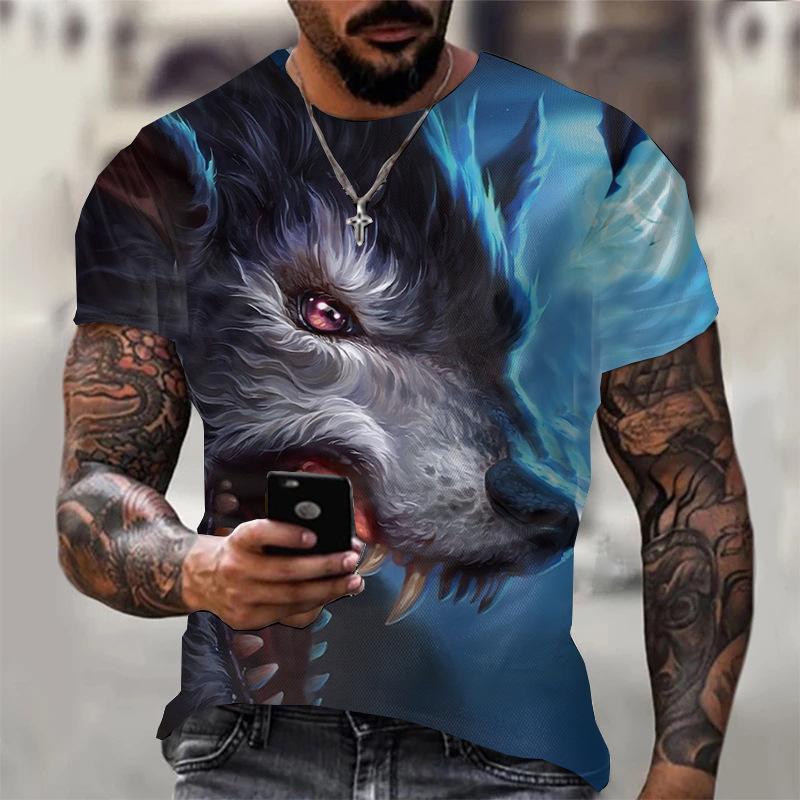 Новая летняя мужская футболка с круглым вырезом и 3D принтом волка на открытом воздухе, повседневная, из полиэстера, с коротким рукавом, модельер, уличный топ