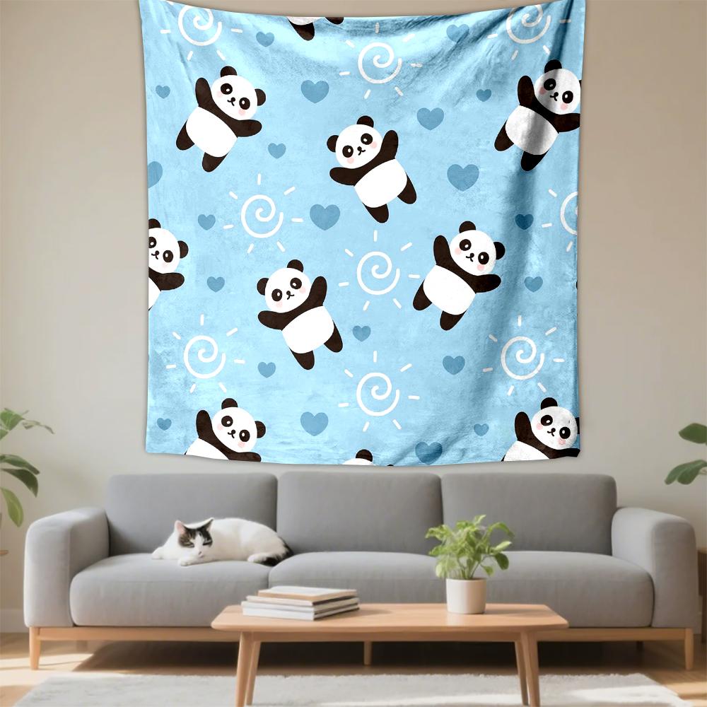 Cute panda hearts blue background playful design Patterned tapestry for bedroom and living room home decor