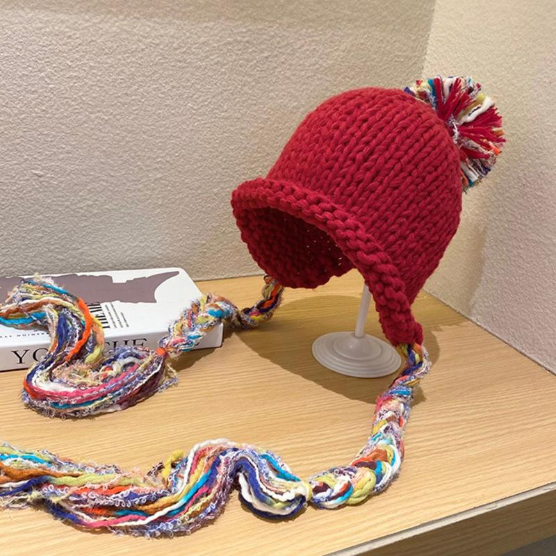 Autumn and Winter New Hats Women's Fringed Wool Hats Winter Ethnic Style Sweet Ear Hats Bag Head Knitted Hats