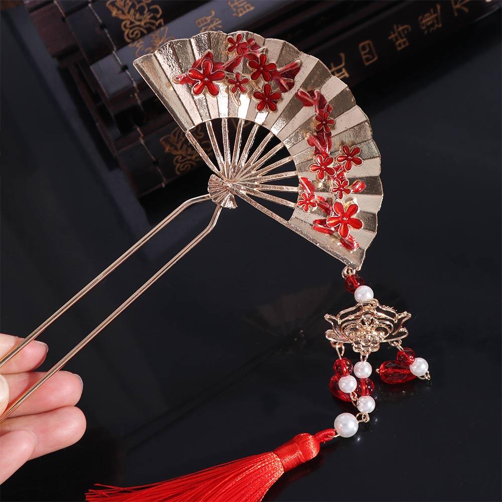 Retro Pearl Fringe Hairpin Zinc Zinc Alloy Fan Shape Bride Tiara U Shape Hair Frok  Hanfu Hair Accessories