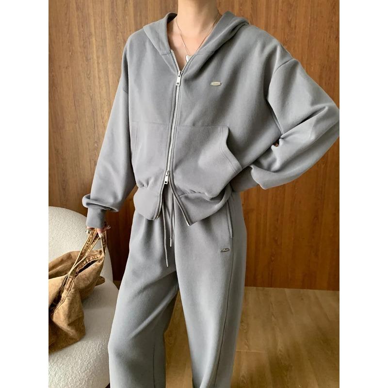 Осенняя мода Двойная молния Ленивый Повседневный свитшот с капюшоном Завязка Широкие брюки Костюм Ранняя осень Новый стиль
