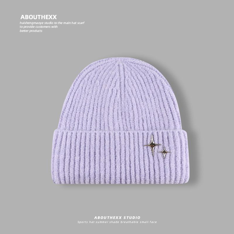 Women's Autumn and Winter Wool Hat Big Head Circumference Versatile Warm Ear Protection Cold Hat Showing Face Small Stars Decorative Knitted Hat Men