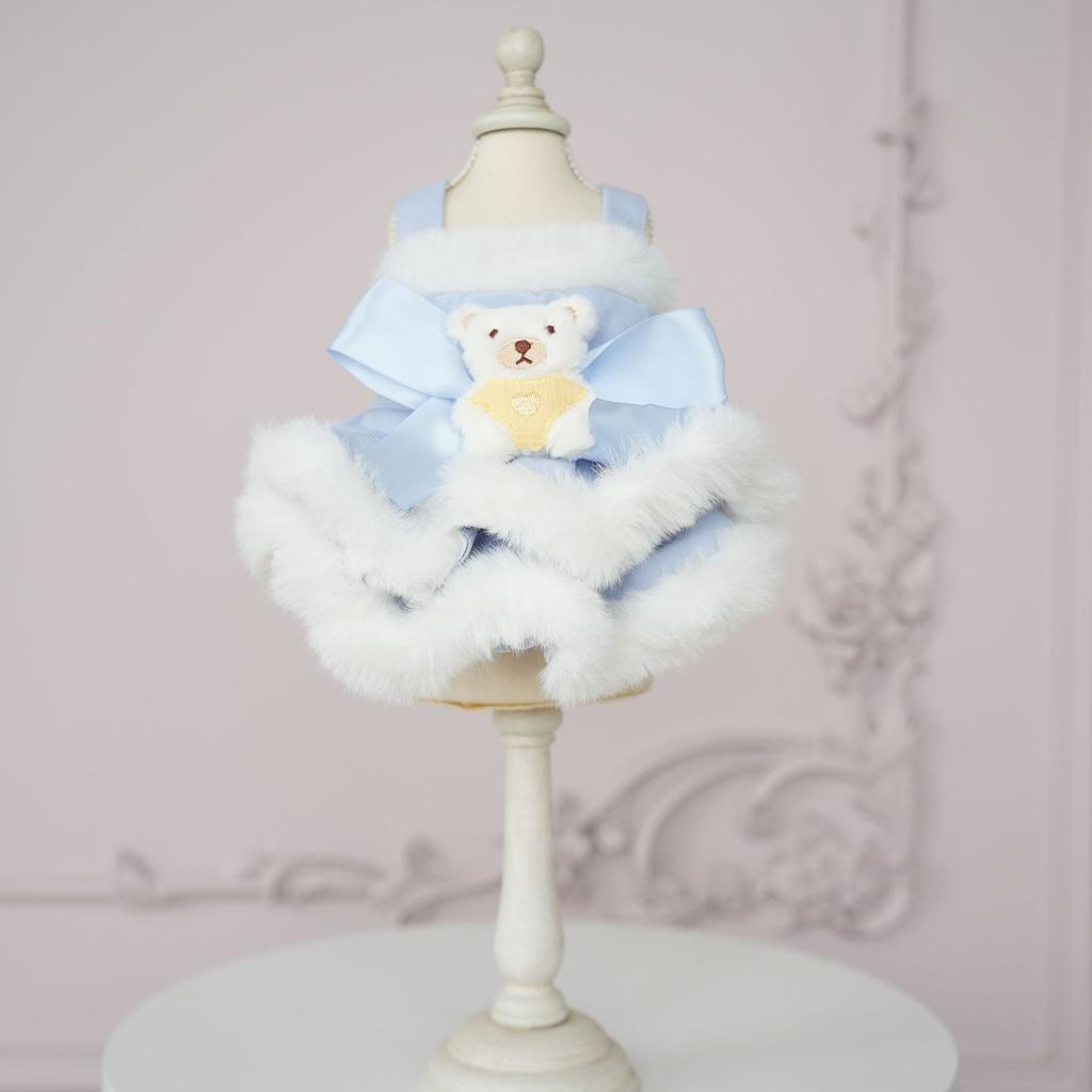 Осенне-зимнее плюшевое кружевное платье на бретельках для домашних животных, милое пальто с медведем, шерстяная юбка с медведем на бретельках, одежда для маленьких собак в виде плюшевого мишки