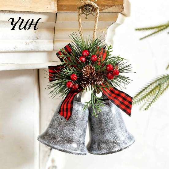 Winter Seasonal Party Supplies Christmas Bell Ornaments, Metal Double Jingle Bells Xmas Tree Hanging Indoor Holiday Scene Arrangement Decoration with