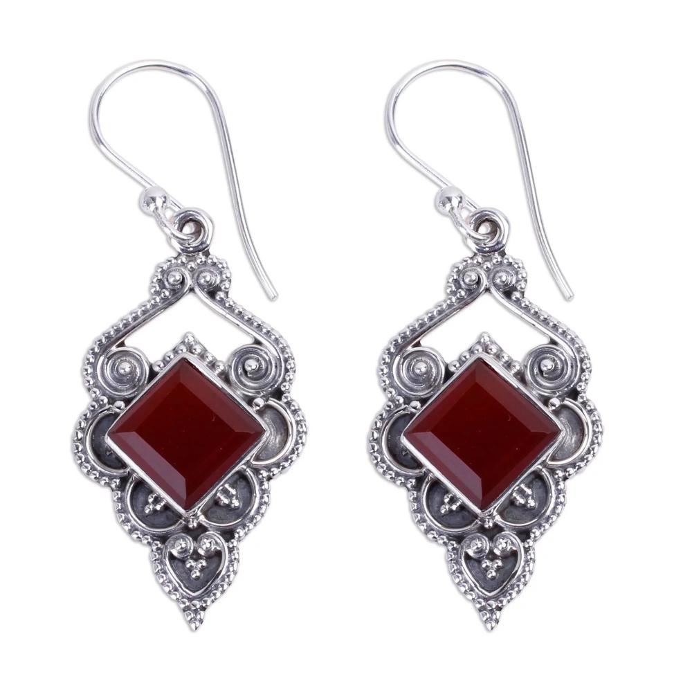 Natural Stone Engagement Wedding Jewelry Hook Ruby Ear Stud Dangle Red Agate Earrings Gemstone