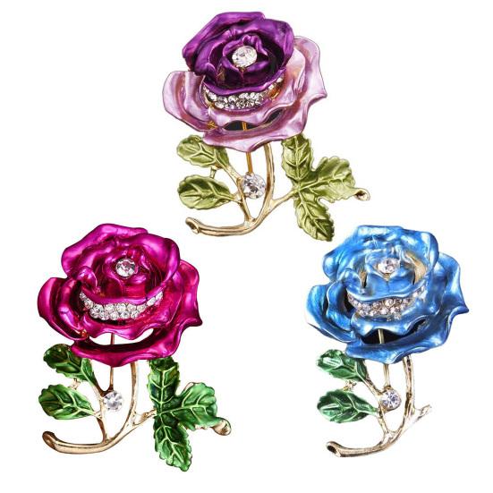 Rose Flower Brooch Green Leaves Rhinestone Oil-Dripping Vintage Sparkling Gift Elegant Business Suit