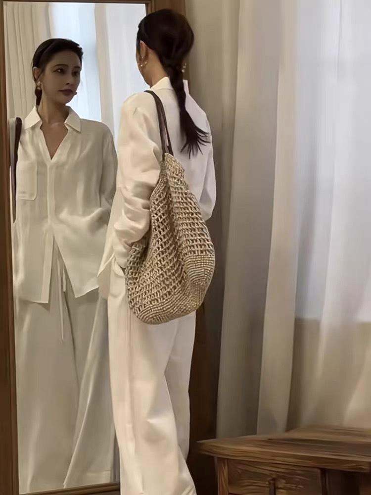 2024 Комплект из льняной рубашки с подсветкой и плиссированных брюк из хлопка и льна на завязках для женщин