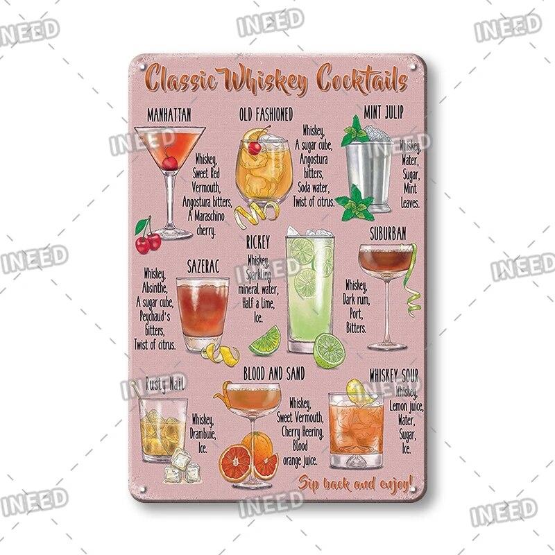 Retro Vintage Cocktail Recipe Tin Signs Metal Vintage Plaque Beer Metal Plate Decorative Plaque For Bar Pub Man Cave Wall Decor