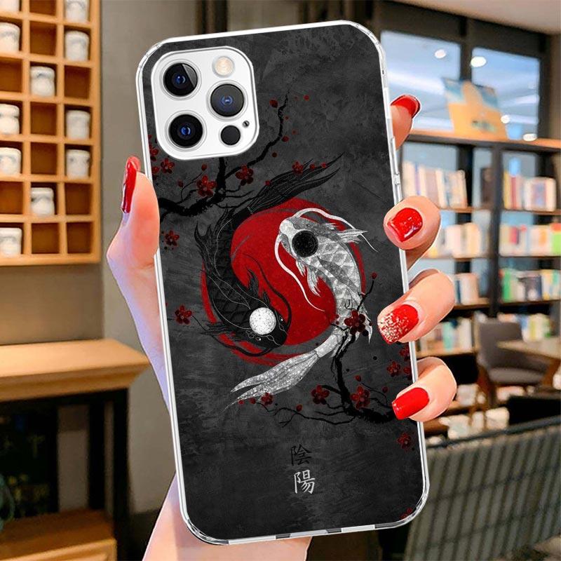 Japan Koi Fish Yin Yang Art Cover Phone Case For iPhone 16 17 Air 15 14 Pro Max 16E Phone Case 13 Mini 12 11 7 SE 8 Print Patter