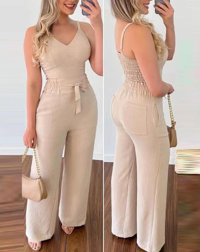2023 Summer Sexy Backless V-Neck Spaghetti Strap Tank Top & High-Waisted Straight Leg Pants Set