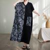 Cotton and Linen Slimming Short Sleeved Color Blocked Ultra Long Dress for Women
