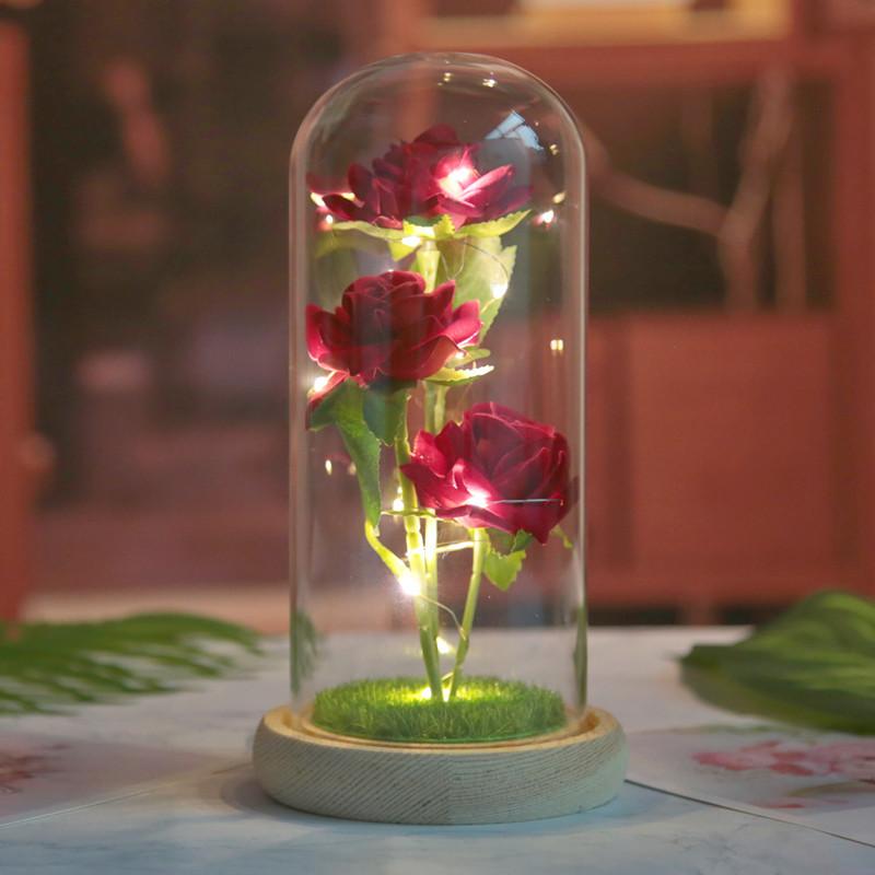 Three simulated immortal flowers, glass cover ornament, LED night light, rose, creative Valentine's Day gift.