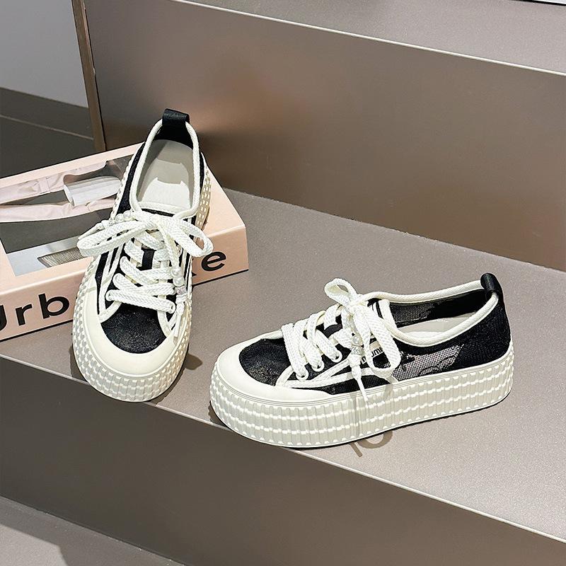 Korean lace mesh canvas shoes women's summer new thick-soled heightening hollow breathable fisherman shoes board shoes