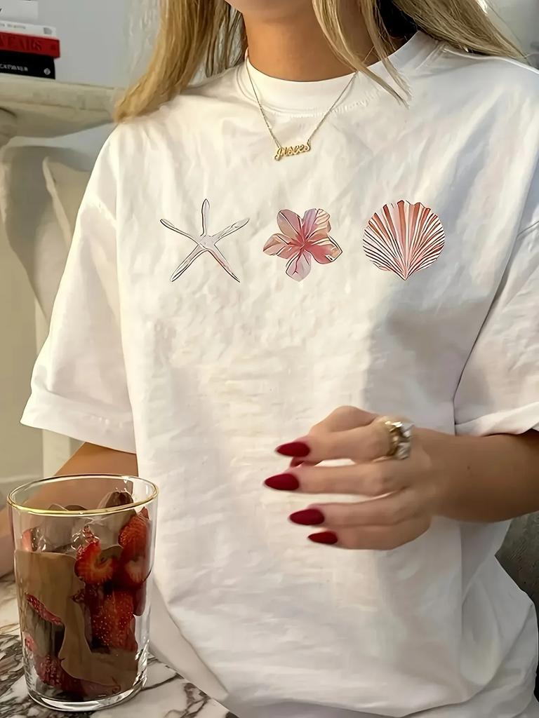 Summer Women's Vintage Marine Life Design Pattern Short Sleeve T-Shirts Round Neck Design Trendy Tops Women Clothing