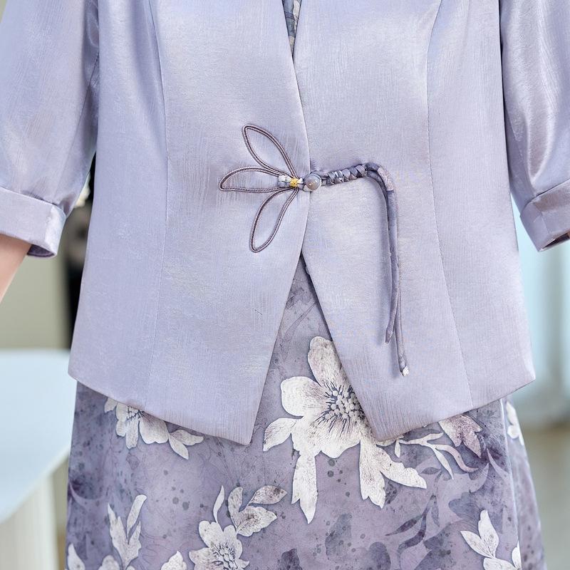 Элегантный летний комплект-двойка для зрелых женщин - пальто и платье в традиционном китайском стиле