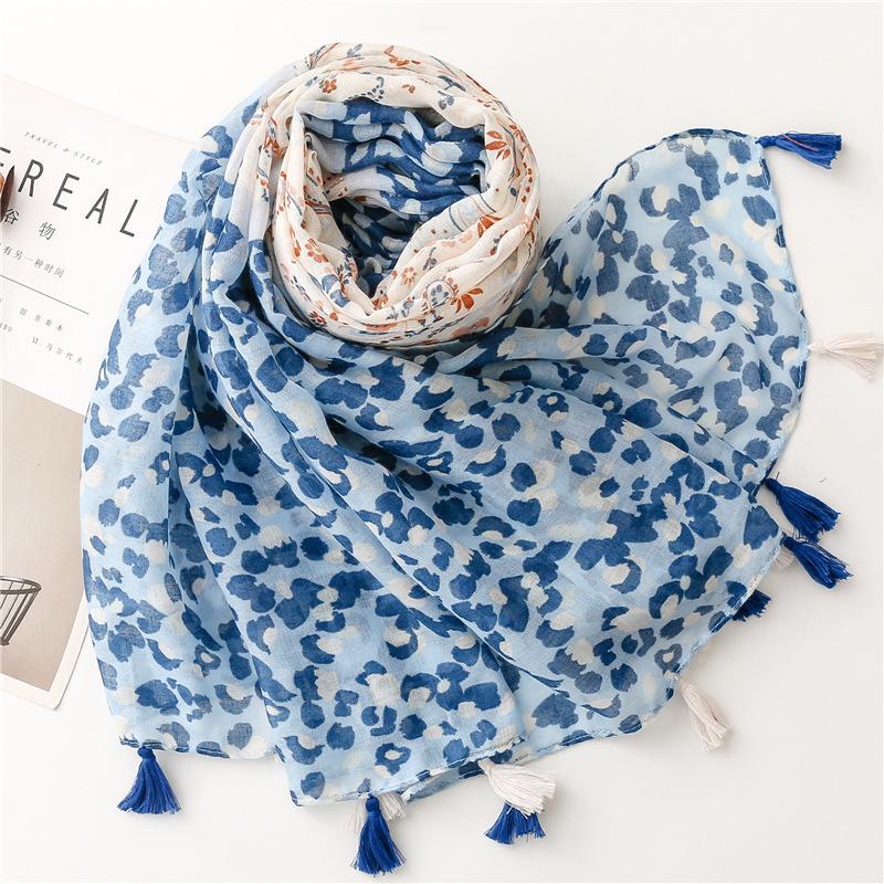 Luxury Women Viscose Scarf Ventilate Two-Color Leopard  Designer Shawl Cotton Linen Tassel Pashmina Muslim Hijab Wrap Floral
