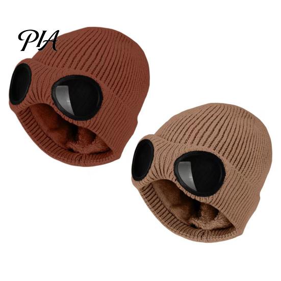 Warm Hat for Most Head Sizes 2Pcs Fleece Lined Hats with Goggles, Winter Knit Casual Accessory Outdoor Activities Hats, Windproof Skiing Caps