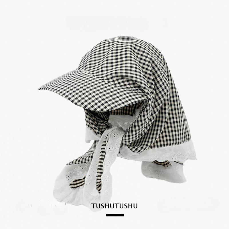 2025 Pastoral Lace Headscarf Women's Fashionable Plaid Triangular Duck Tongue Headscarf Hat Summer Travel Vacation Sun Hat