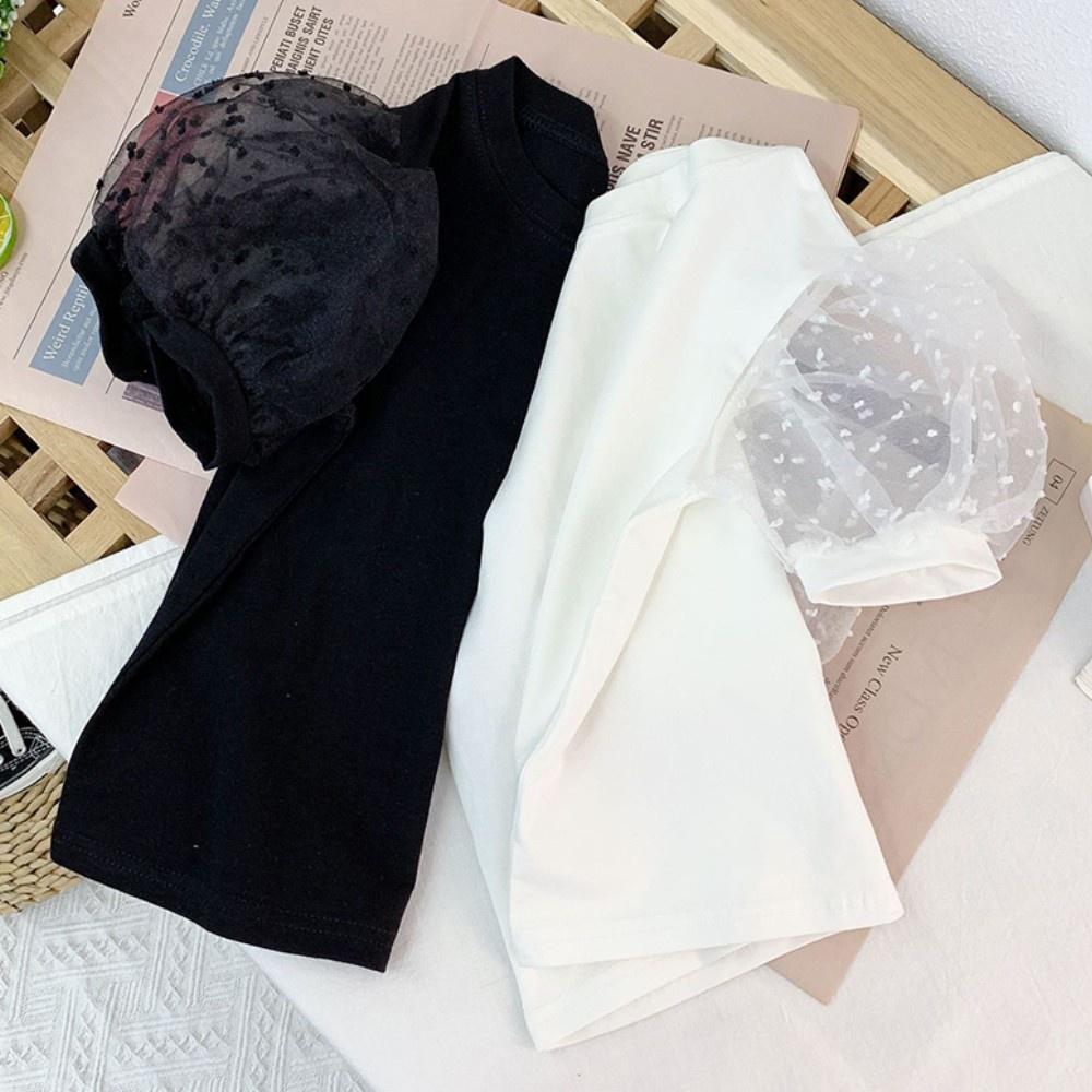 Mesh Patchwork Girls Polka Dot Puff Short Sleeve Tees Summer Kids Party School Tops