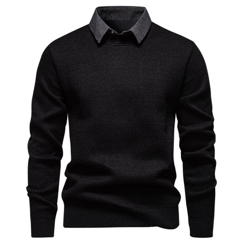 Men's Casual Patchwork Fake Two-piece Knitted Inner Sweater, Men's Warm Lapel Shirt Sweater
