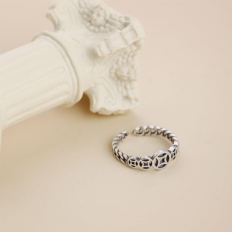 Кольцо открытое из стерлингового серебра 925 пробы, ретро, в виде медной монеты - в японском/корейском стиле, пять благословений, оксидированное покрытие