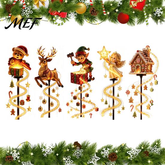 Decorative Resin Christmas Figures Solar Garden Stake Light, Cute Gingerbread House/Elf Boy/Bear Outdoor Waterproof Energy Saving Courtyard