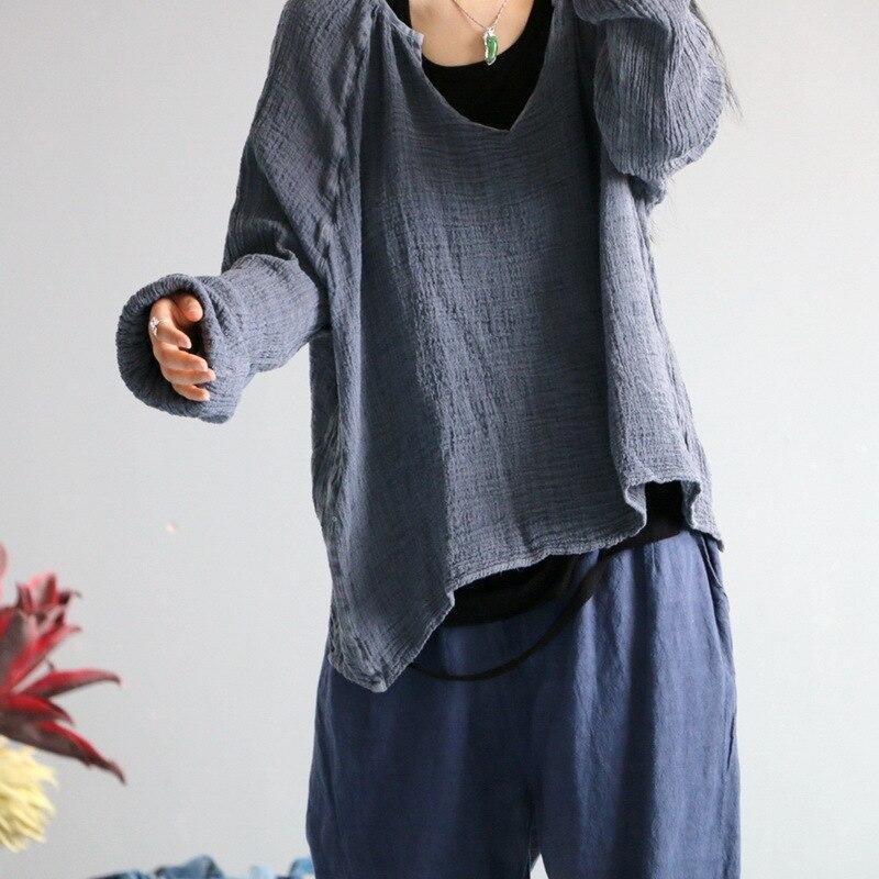 Johnature Women Autumn Linen Vintage Solid Color T-Shirts O-Neck Full Sleeve Loose Casual Pullover Women T-Shirt