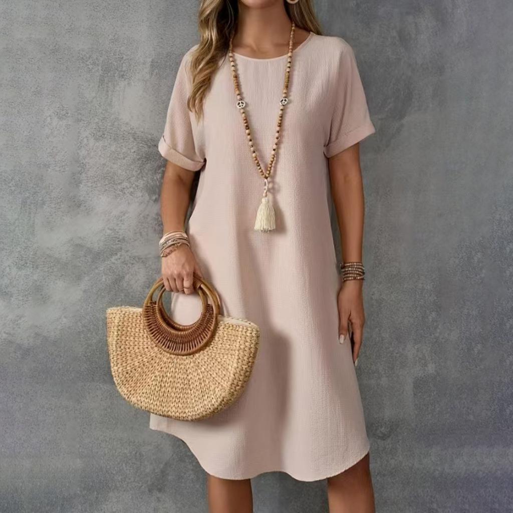 Женское летнее повседневное однотонное платье с круглым вырезом и коротким рукавом средней длины свободного покроя