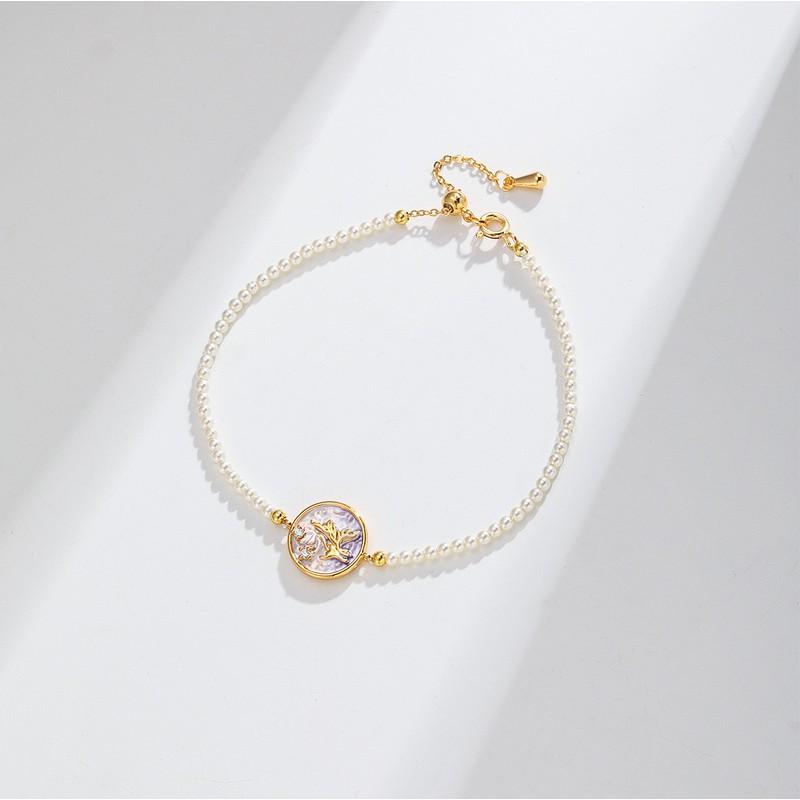 Elegant Glass Pearl Bracelet Women With Zircon Accents 18K Gold Plated Copper Geometric Floral Design