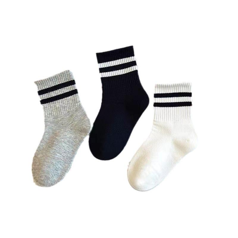 Striped College Style Kids' Mid-Tube Socks - Black, White, Gray for Spring & Autumn