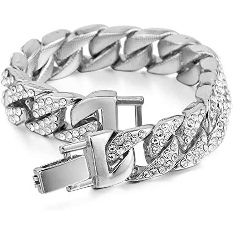 Mens Womens Cuban Link Bracelet Hip Hop Bracelet Gold Chain Bracelet Iced Out Curb Cuban 18k Gold Plated Bracelet With Clear Rhinestones