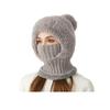 3 In 1 Women Knitted Scarf Hat Plush Ball Decor Windproof Warm Snow Cap Solid Color Fleece Lining Outdoor Activity Hat