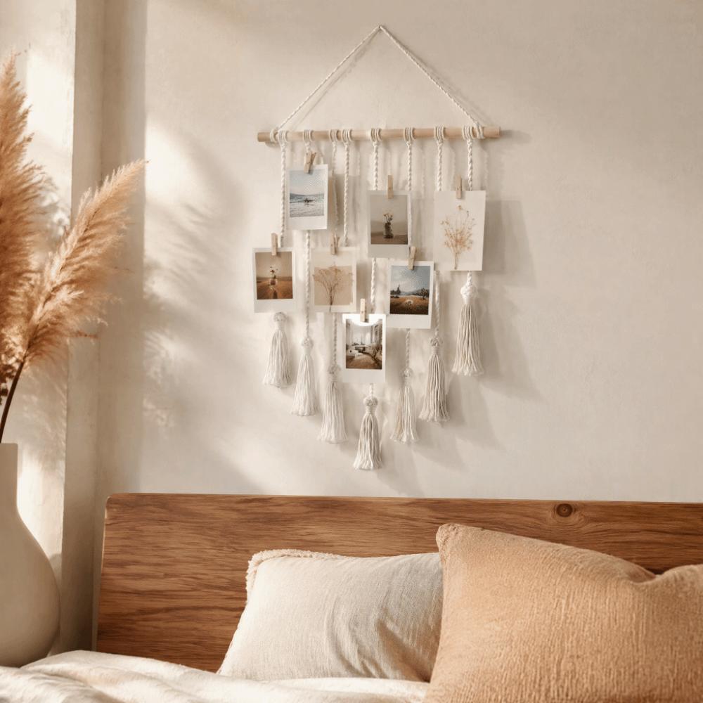 25 Wood Clips Hanging Photo Display Woven Design Photo Display Wall Decor Boho Wall Decor Bedroom