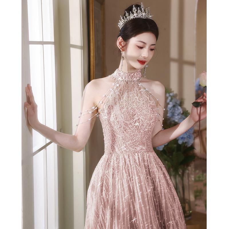 Pink evening dress high-end light luxury niche French student art exam solo performance clothes temperament celebrity sexy neck