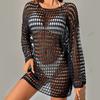 Summer Sexy Bikini Cover Up O-neck Long Sleeve Crochet Beach Dress Solid Color See-through Hollow Swimsuit Cover Up