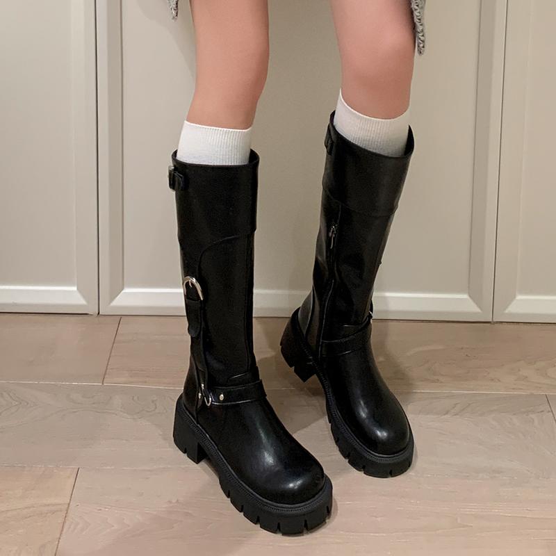 Женские сапоги из натуральной кожи до колена, панк-сапоги с пряжкой на ремне, рыцарские сапоги для верховой езды, женские коричневые туфли на платформе с круглым носком и молнией