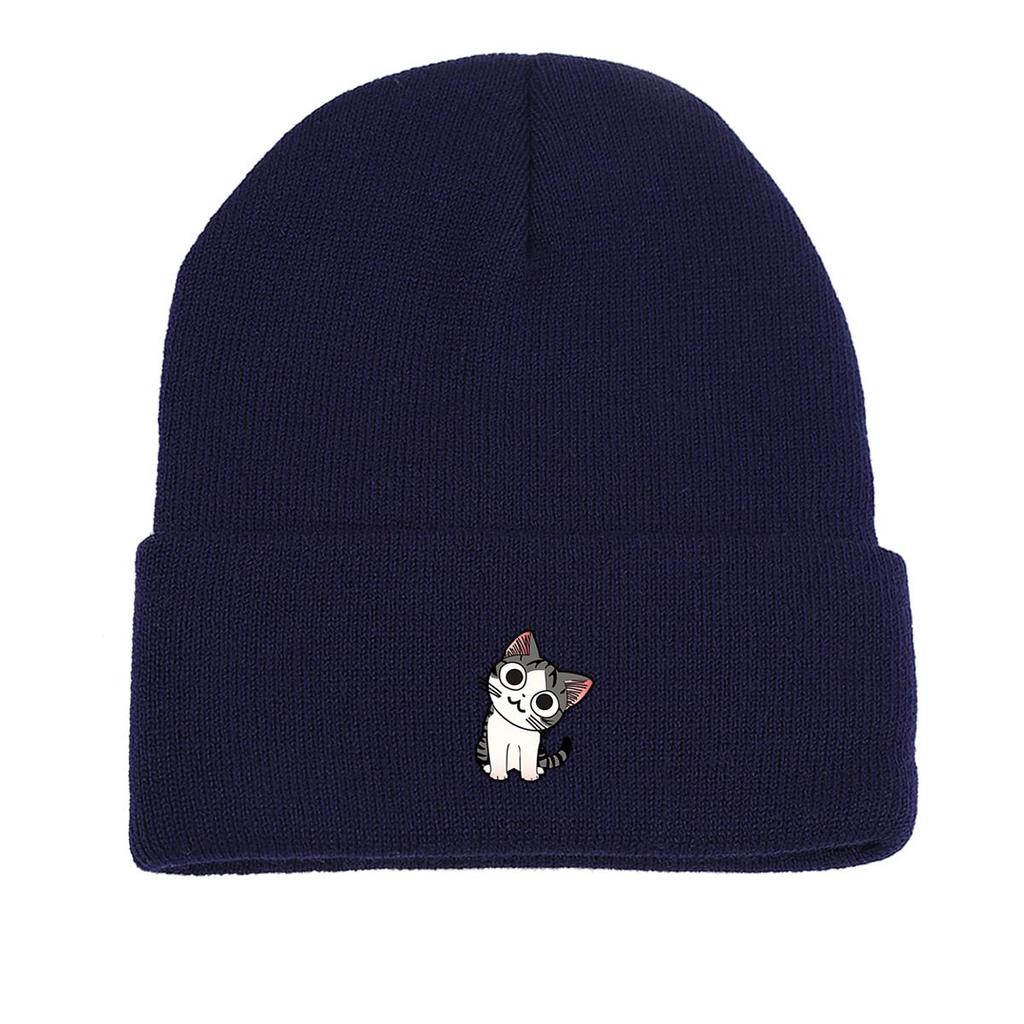 Шапка для девочек с принтом мультяшного кота, теплые зимние шапки для женщин, легкие однотонные ветрозащитные головные уборы, эластичные шапочки Skullies